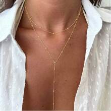 1 Pc Stainless Steel Double-Layer Necklace Long Pendant Necklace Jewelry Y-Shaped Chain With Round Ball Pendant Double Chain Necklace For Women Daily Wear