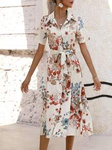 Women's Stylish Short - Sleeve Floral Shirt Dress - Lapel, Button Front, Tie - Waist, Slit Hem, Summer Casual Midi Dress - 杏色 - 查看 5