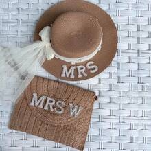 个性化字母珍珠装饰编织手提包/帽子，定制沙滩包，旅行钱包，太阳帽，单身派对、婚礼礼物 - 彩色 - 查看 18