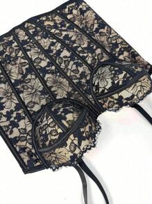 Women Floral Black Lace Trim Corset Overbust Waist Cincher Bustier Top