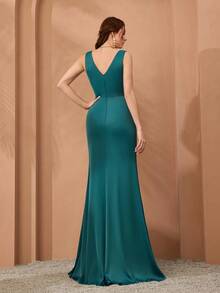 Mgiacy、新品、方领、优雅、伴娘服、荷叶边、高开叉、包臀、鱼尾裙、适合、婚礼嘉宾 - 水鴨藍 - 查看 2