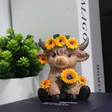 وعاء زهور على شكل ماشية عالية البر من الراتنج، نحت راتينجي لماشية الهضبة الأسكتلندية بزهور عباد الشمس للربيع، زوج من البقر المصغر، هدية ديكور مكتب أو منزل لحديقة الصيف متعدد الطبقات، مجموعة زوجين بنمطين مختلفين