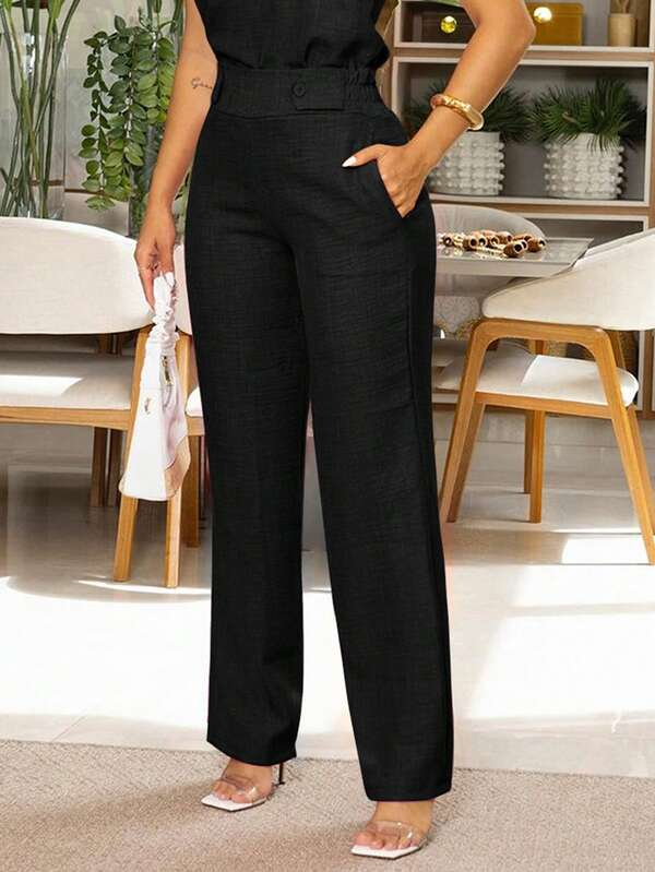 Calças femininas elegantes e casuais da moda com bolsos angulares e detalhes de botões, adequadas para deslocamento diário