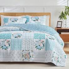 3 Pieces Floral Patchwork Quilt Set Queen, Blue N White Flowers Design, Soft N Cozy Microfiber Quilt, Bedspread Bed Cover For All Season, 1 Quilt And 2 Pillow Shams- 2 Pillow Shams- 90x90 Inches-Holidaygift