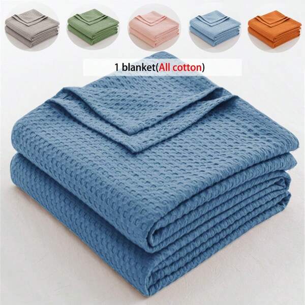 1pc Soft & Comfortable Waffle Gauze Throw Blanket - 100% Pure Cotton, Skin-Friendly, Solid Color, Suitable For Bed, Sofa, Pillow - Perfect For Relaxation And Cuddling