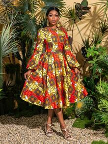 Faeriesty Ethereal Geometric Print Long Sleeve Midi Dress - Elegant Spring/Summer Style, Suitable For Garden Parties, Cultural Events, Vacations, And Transitions From Office To Brunch - Orange - View 5