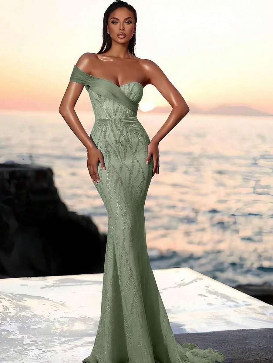 Women's Sequined Dress With Zipper Back And Padded Bra, Full Length