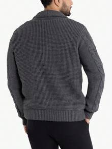 Men's Faux Shearling Shawl Collar Cable Knit Cardigan Sweater - 木炭 - 查看 2