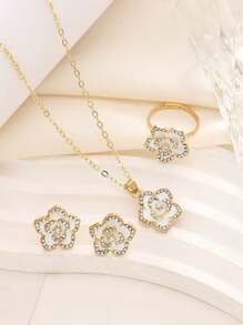 Conjunto de 4 joias de flores da moda com strass, colar de camélia elegante e versátil, brincos e anel adequados para mulheres, uso diário, festas e trajes festivos