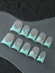 CrystalHola Valentine's Day 10 Pcs Handmade Fake Nail Press On Nail ,Mint Green Duck Nails,Short Nail, Pink Valentine Nails ,Acrylic Nail Kit 3D Rhinestone Glitter Shiny Artificial Gems,Bow,Y2K,Leopard Print, Xxoo,Nail Stickers, Sophisticated Look ,Wedding Nails, Charm Nails French Tip Nail Design Nail Art Suitable For Daily Wear ,Ideal Gift DIY Beauty Popular Gift Spring&Summer - 彩色 - 查看 2