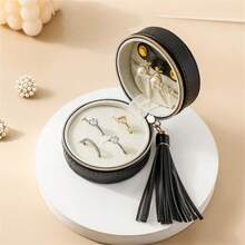 1pc Round Tassel Travel Mini Jewelry Box, Ring Earring Stud Organizer, PU Leather Zipper Jewelry Storage Box, Jewelry Counter Protection Display Box - Round - View 4