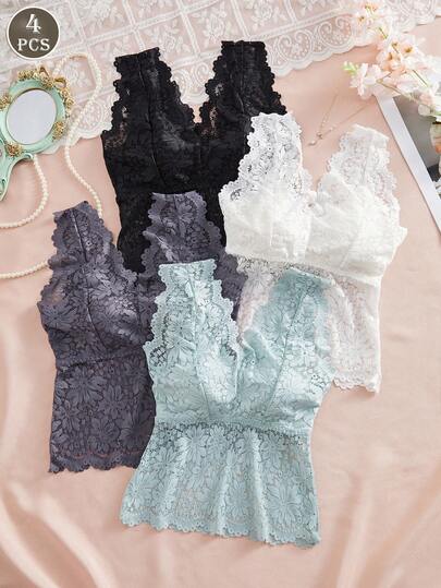 4PCS Ladies French Lace Wide Shoulder Straps Sexy Deep V Back Base Bra Top Underwear, Suitable For Home And Outdoor Use, Comfortable Solid Color Series, Casual Versatile And Fashionable And Elegant Top