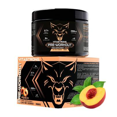 Vitastrong Pre Workout Powerful 300 G, Peach Flavor, Vegan Pre Workout With Vitamin B12, L Citrulline, Beta Alanine, Caffeine, Taurine, AstraGin, Pre Workout Made In Italy (24 Servings (Pack Of 1))