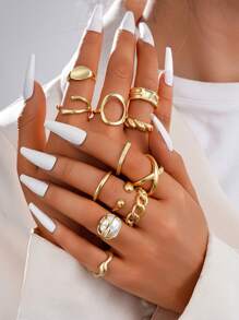 12pcs Exaggerated Luxurious Hollow Pearl Design Gold-Color Ring Set, For Ladies Everyday, Party, Wedding Wear, Fashion Jewelry Gift For Girlfriends
