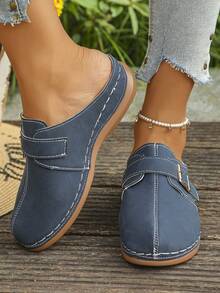 跨境贸易大码35-45夏季时尚休闲藏青色金属扣坡跟厚底罗马凉鞋，舒适户外日常穿着，厚底坡跟凉鞋女 - 藏藍色磨砂金屬方扣 - 查看 6