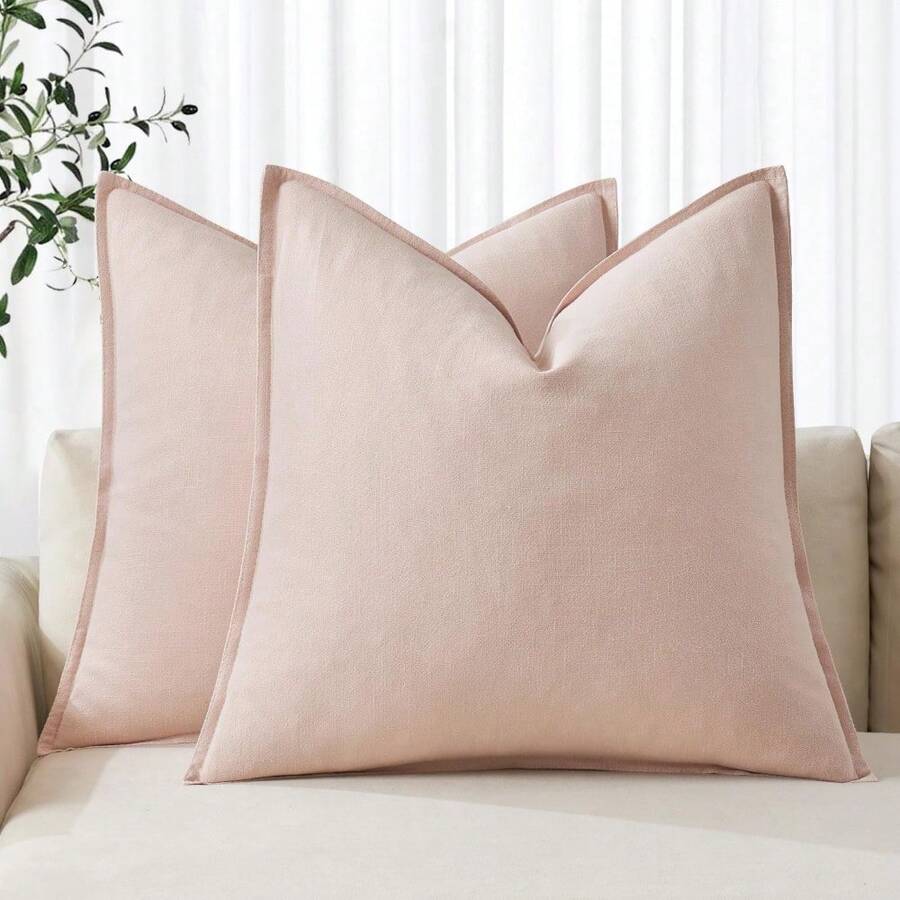 Local Delivery- Decorative Linen Pillow Covers 18x18 Inch Natural Beige Boho Farmhouse Neutral Couch Throw Pillows For Bed Pack Of 2 Accent Outdoor Pillowcase Modern Sofa Cushion Livingroom Home Decor - Light Pink - 查看 1