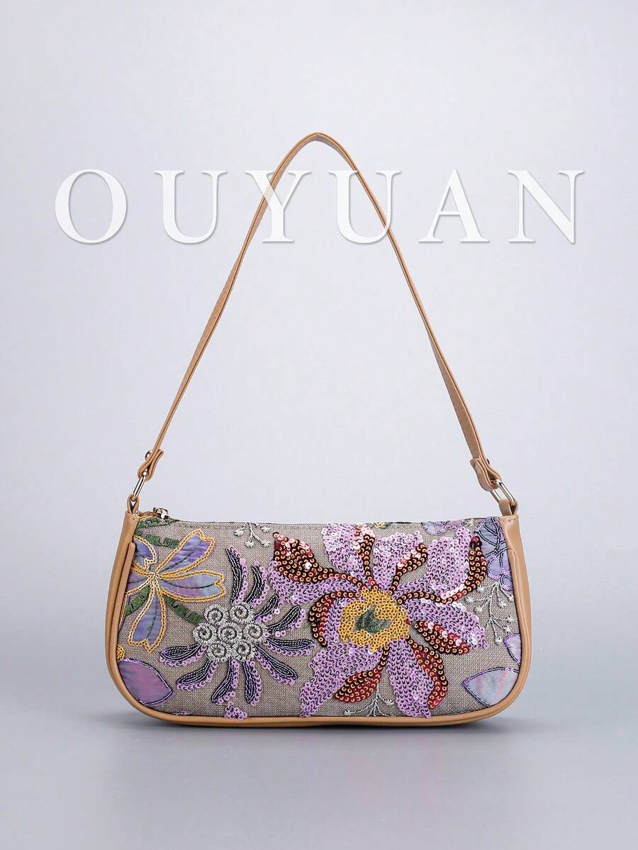 Sequin Embroidered Floral Baguette Bag For Women, Fashionable And Versatile. Sequin Patchwork Underarm Bag, Color-Blocking Embroidered Zipper Shoulder Bag, (Pattern Random)