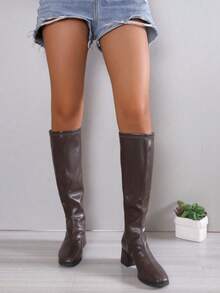 女式过膝高筒靴英伦风骑士靴搭配牛仔裤粗跟高跟靴子搭配靴子时尚搭配裤子春秋棕色靴子 - 棕色 - 查看 6