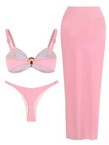 Bộ bikini 3 món màu trơn, đồ bơi buộc dây cổ gợi cảm, đồ bơi xếp nếp dễ thương, bộ bikini phong cách retro cho kỳ nghỉ hè 2025 trên bãi biển, màu hồng. - Hồng - Xem 5