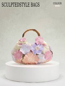 1 件 Sculptedstyle 多色花卉图案装饰亚麻面料时尚网眼刺绣褶皱手提包，复古竹制手柄，适合优雅长裙、波西米亚风格连衣裙（随机花卉图案） - 米色 - 查看 1