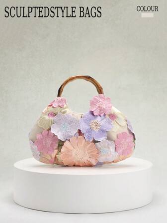 1 件 Sculptedstyle 多色花卉图案装饰亚麻面料时尚网眼刺绣褶皱手提包，复古竹制手柄，适合优雅长裙、波西米亚风格连衣裙（随机花卉图案）