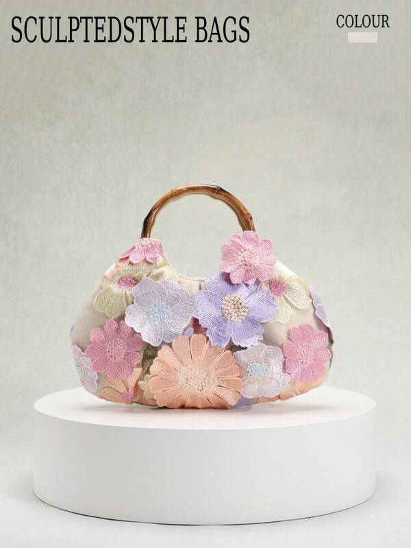 1 pieza Bolso de mano con diseño floral multicolor esculpido, decorado con bordados de malla de tela de lino de moda, asa de bambú vintage, adecuado para vestidos largos elegantes y vestidos de estilo bohemio (Patrón floral aleatorio)