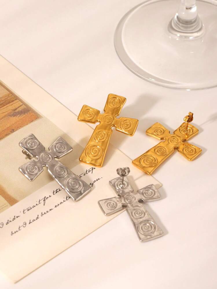 1 对女士螺纹十字耳钉，不锈钢镀 18K 金耳环，时尚珠宝配饰礼物 - 十字架 - 查看 7
