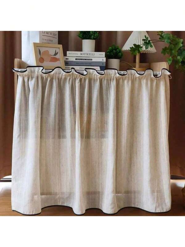 Cortinas transparentes con bordes a rayas japoneses y ribete negro, cortina corta para la cocina