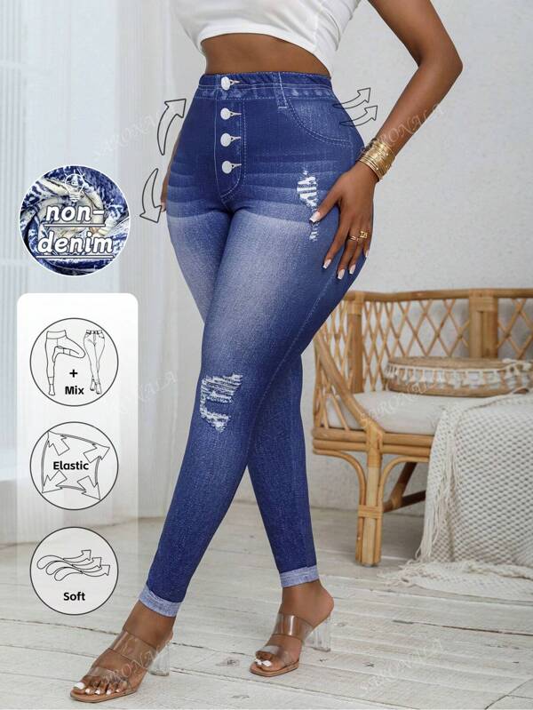 Leggings con efecto de mezclilla y estampado, talla grande, de ajuste ceñido y elástico, pantalones con diseño rasgado para mujer con curvas, ropa deportiva para otoño e invierno