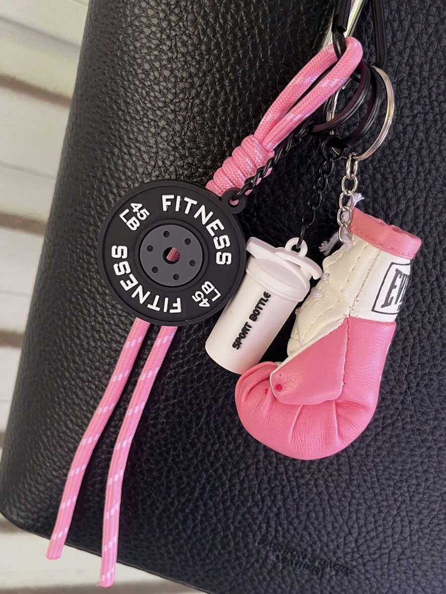 迷你健身套装运动杠铃和拳击手套编织绳钥匙扣包饰，男女皆宜，健身爱好者的完美选择，男女皆宜的理想礼物，适合装饰背包 - 彩色 - 查看 1
