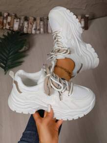 女士加大码厚底厚底运动鞋，秋季新款休闲运动鞋，时尚厚底运动鞋 - 白色 - 查看 4