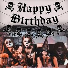 万圣节主题黑色骷髅花环吊旗，恐怖派对装饰，哥特式生日横幅 - 黑色闪光骷髅花环，适合尖叫派对和里程碑庆祝活动（20 岁、30 岁、40 岁），万圣节主题装饰