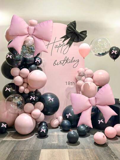 103 件粉色蝴蝶结气球装饰套装，适合生日派对，包括黑色和粉色乳胶气球、粉色蝴蝶结铝箔气球、12 英寸透明乳胶气球和粉色蝴蝶结装饰，适合女孩的蝴蝶结生日派对、生日派对、蝴蝶结派对装饰、新娘派对、婚礼、单身派对