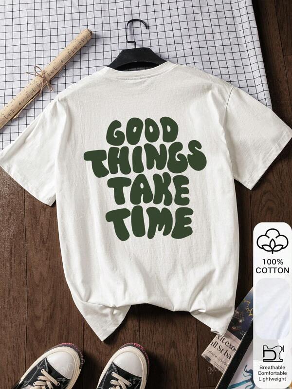 Camiseta feminina solta de verão, estampa de letras GOOD THINGS TAKE TIMES, 100% algodão, manga curta branca, manga curta gráfica