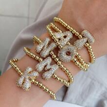 1pc, 18k Gold Plated A-Z Initial Bubble Bracelet Classic Fashion CZ Pave Charm Beads Stretch Design Gift