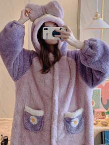 Bata de Invierno Mujer con Capucha de Pelo Coral - Diseño Animal Peludoso, Ultra Caliente y Transpirable para Fiesta de Pijamas - Morado - Ver 2