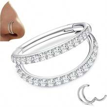 1 anel de septo articulado com incrustação de zircônia cúbica dupla | Joia de piercing de tragus de concha hipoalergênica em aço inoxidável banhado a ouro 18K 16G | Brinco labial com zircônia cúbica dupla | Design simples e elegante para uso diário feminino e presentes em festivais