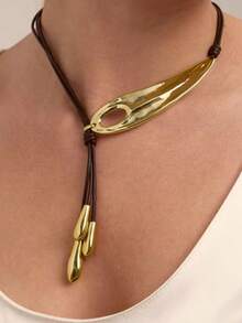 1 件水滴流苏皮革羽毛几何简约金属金色项链，适合女士，适合宴会、派对、正式场合、日常服装配饰