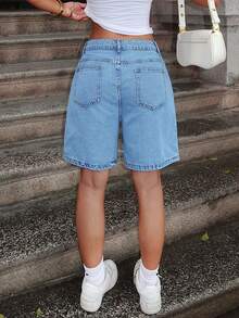 Quần short denim thường ngày Bermuda màu trơn có túi dành cho nữ - Rửa nhẹ - Xem 8
