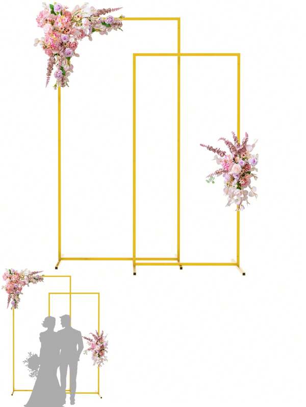 2 Stücke/Goldener Hochzeitsbogen Hintergrundrahmen, ca. (2m x 1m) Quadratischer Ballon- und Blumenmetallrahmen für Zeremonie, Jahrestag, Party, Gender Reveal Eröffnungszeremonie Familienempfang Fotohintergrund Dekoration Zubehör. (Rundrohrstativ Quadratrohrbasis)