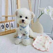 1 pieza Vestido de Body completo con estampado para mascota perro/gato con moño rosa, para Teddy, Poodle, Chihuahua, Vestimenta cómoda y transpirable para uso casual en interiores/exteriores para primavera/otoño