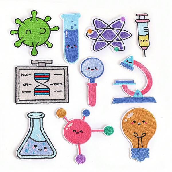 10 piezas Parches de laboratorio de dibujos animados Biología Química Hierro bordado apliques Científico Experimento Virus Ropa DIY Insignia