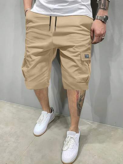 1pc Casual Solid Color Pocket Drawstring Waist Outdoor Shorts For Men, Summer