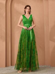 Mgiacy、新品、V领、无袖、印花网眼、领带、大摆、高端晚礼服 - 綠色 - 查看 4