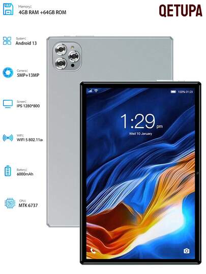 Qetupa 10.1 İnç Android 13 Tablet, 4GB RAM + 64GB ROM, MTK 6737 Dört Çekirdekli 1.3GHz İşlemci, HD (1280x800) IPS Dokunmatik Ekran, 5MP Ön Kamera ve 13MP Arka Kamera, 6000mAh Batarya (Adaptör Dahil Değil), 802.11ac WIFI5 2.4G+5G, Bluetooth 5.2, GPS, Okuma ve Oyun Desteği. (SIM Kart Desteği Yok)