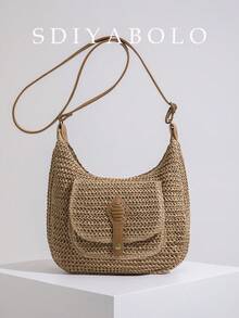 Túi xách đeo vai rơm thời trang cổ điển dung tích lớn cho kỳ nghỉ bãi biển - Màu Khaki - Xem 2