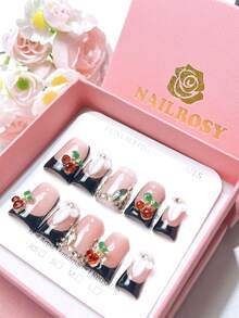 nailrosy 10Pcs Handmade Press-On Nail Set, Luxury Rhinestone Decoration Modern Elegant Simple Korean Style Fresh Design Chic And Cute, 1 Manicure Set Box Including Adhesive Label 1 Mini File Full Coverage False Nails 3D Design Full Coverage Removable Waterproof Reusable For Diy Manicure Suitable For Daily Wear Super Fit And Easy To Apply Nail Supplies Nails - Multicolor - View 3