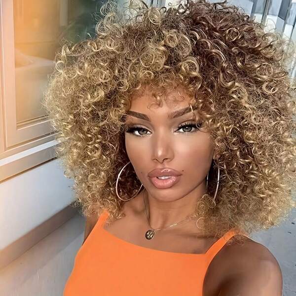 Chic 14" Afro Curly Wig For Women - Vintage 70s Style In Blonde, Brown, And Black | Synthetic Kinky Hair With Natural Look