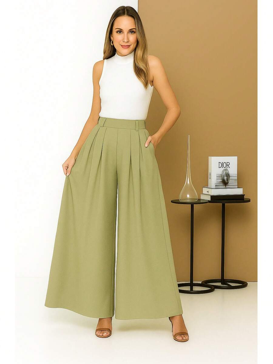 WOMEN'S PANTS, WIDE LEG, HIGH WAIST, VALENTINE'S DAY PANTALONA - Xanh nhạt - Xem 1