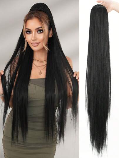 Long Straight Ponytail Extensions Drawstring Black Ponytail Hair Extensions Synthetic Heat Resistant Hairpiece Ponytails For Women Girls Daily Party